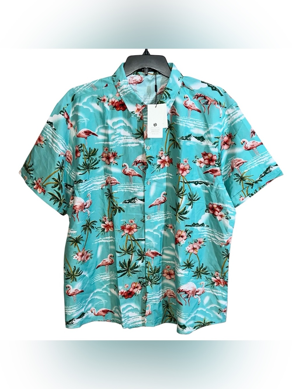 SSLR Men’s Collection Flamingo Floral Short Sleeve Button Front Shirt Men’s 2XL